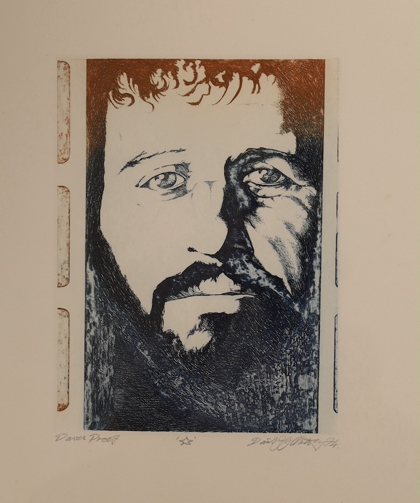 David J.G. Oxtoby (1938-), three limited edition prints, 'Shanghai Noodle Factory Last Exit', 'Cocherin' and 'Mr Rock', together with a watercolour, 'Traffic in Jim's Shoes 1972', largest overall 58 x 59cm